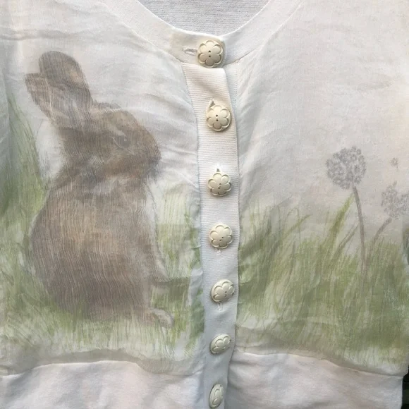 Anthropologie Cream Cardigan with Rabbit Print - Picture 2 of 7